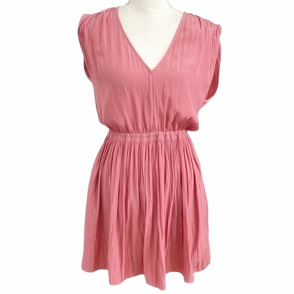 Aritzia WILFRED SHIMMER PINK TEXTURED SHORT SLEEVE V-NECK FLOWY MINI DRESS -  XS - Picture 1 of 10